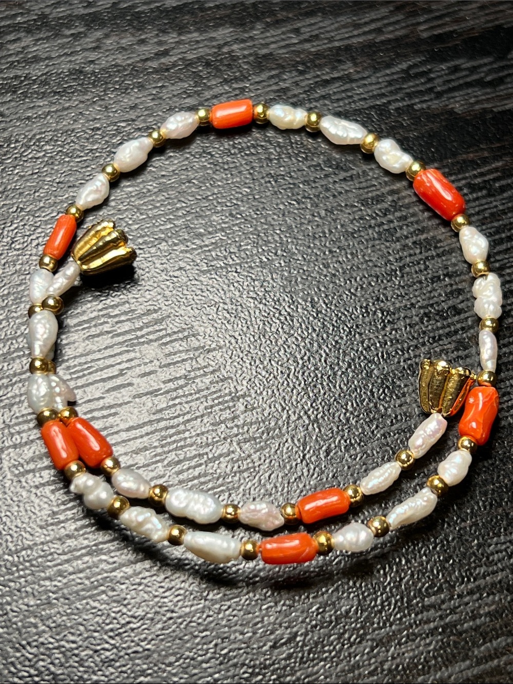 Vintage Baroque Freshwater Pearl and Coral Gold Tulip Flower Tip Bracelet